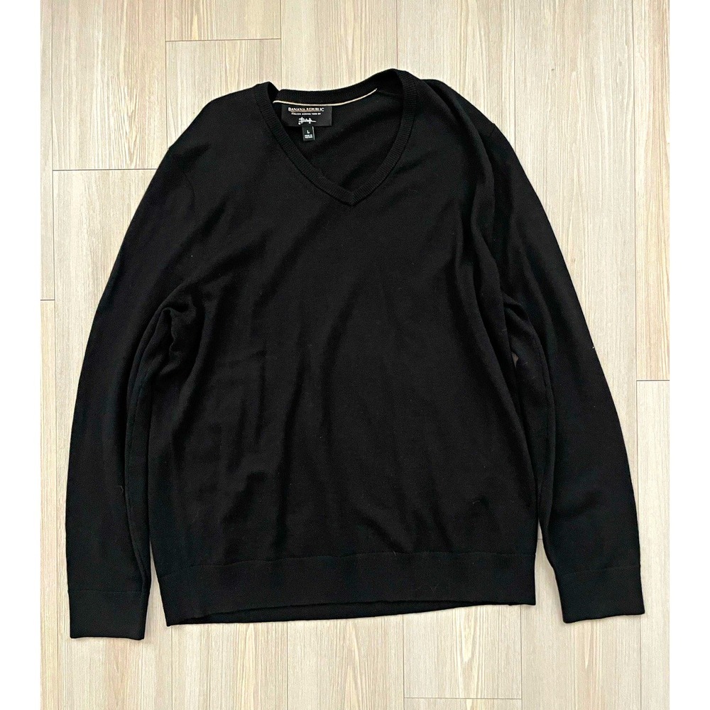 Banana Republic Men's Black Italian Merino Wool V-Neck Knit Pullover Sz L Sleek